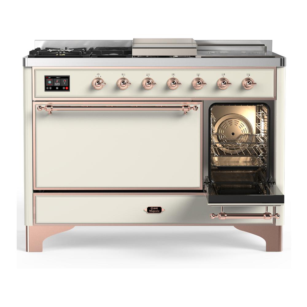 ILVE UM48FSQNR3AWP Majestic III 48 inch Dual Fuel Range with 5 Black Brass Burners, Griddle and French Top, Dual Function Burner up to 25,000 BTU (Natural Gas, Solid Door, Antique White, Copper)