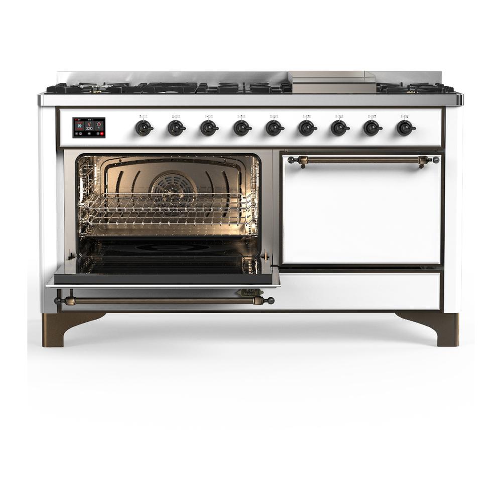 ILVE UM60FQNR3WHB Majestic III 60 inch Dual Fuel Range with 9 Burners and Griddle, Dual Function Burner up to 25,000 BTU (Natural Gas, Solid Door, White, Burnished)