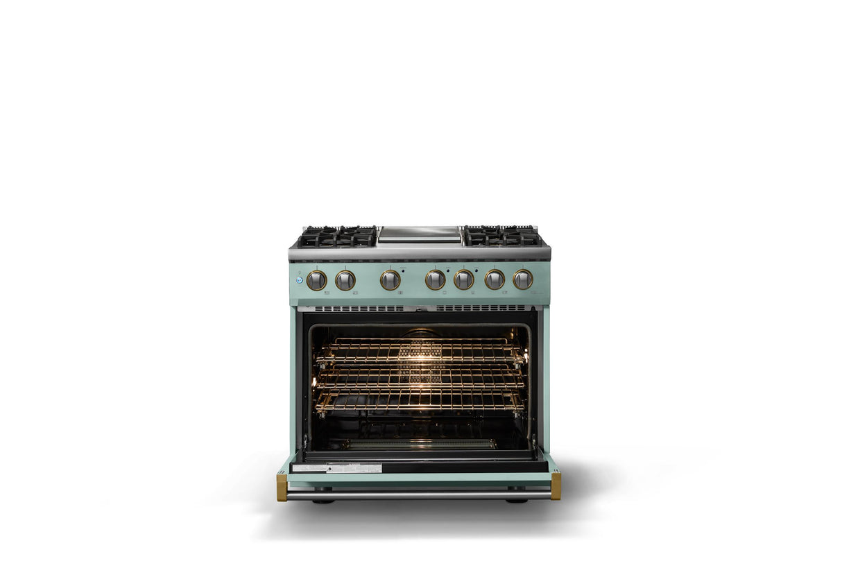 36"W. Dual Fuel Range (Burner: 4g, Finish: Splash, Trim: Polished Chrome, Fuel: Propane)