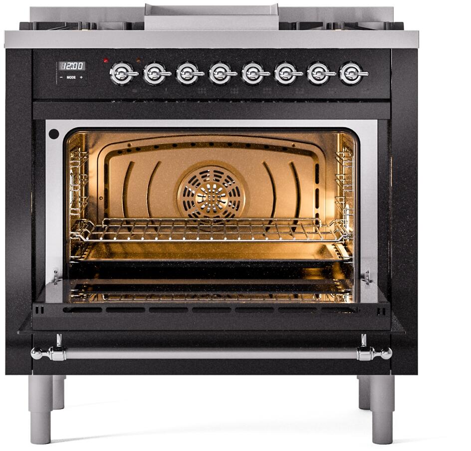 Nostalgie II 36 Inch Dual Fuel Natural Gas Freestanding Range in Glossy Black with Chrome Trim