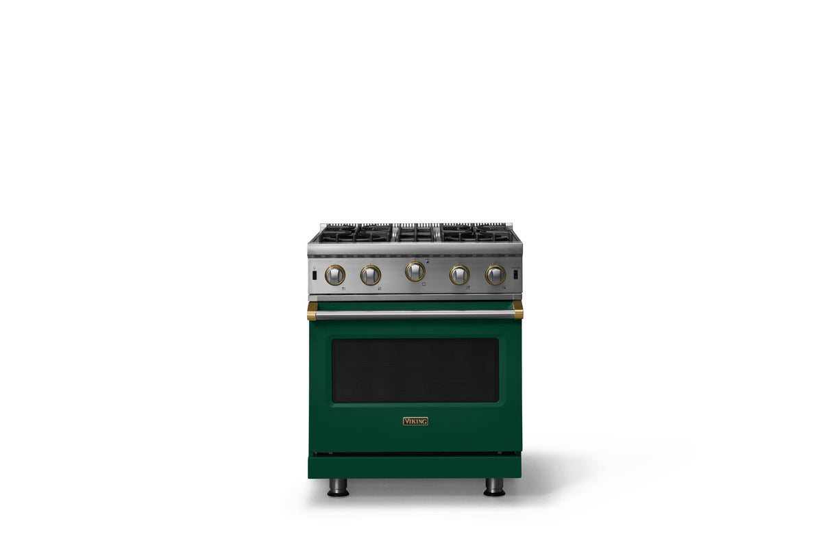 30"W. Open Burner Gas Range (Finish: Ivy, Trim: Brushed Brass, Fuel: Propane)