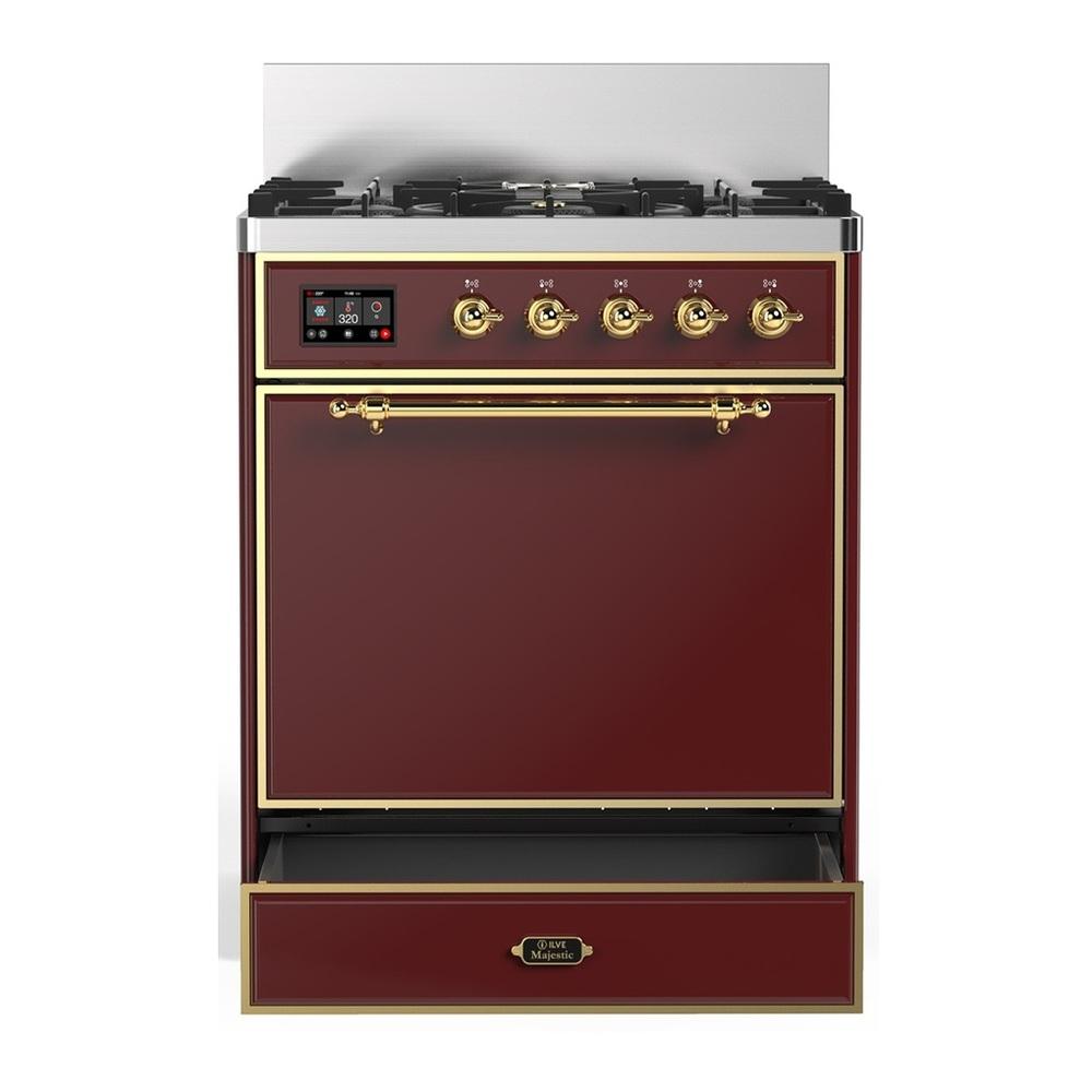 ILVE UM30QNR3BUG Majestic III 30 inch Dual Fuel Range with 5 Black Brass Burners, Dual Function Burner up to 25,000 BTU (Natural Gas, Solid Door, Burgundy, Brass)