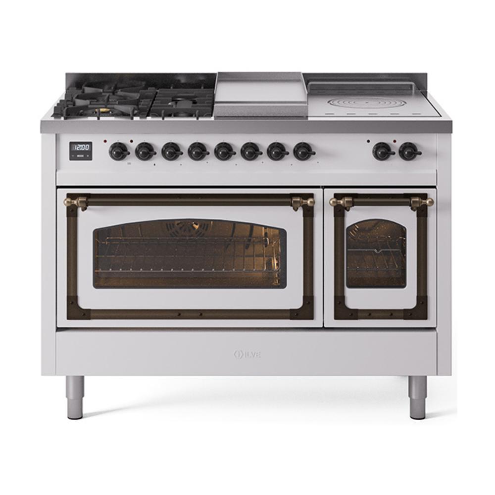 ILVE UN48FSNMPWHBLP Nostalgie II Noblesse 48 inch Dual Fuel Range (5 Sealed Burners + Griddle + French Top, Liquid Propane, Triple Glass Door, White, Burnished)