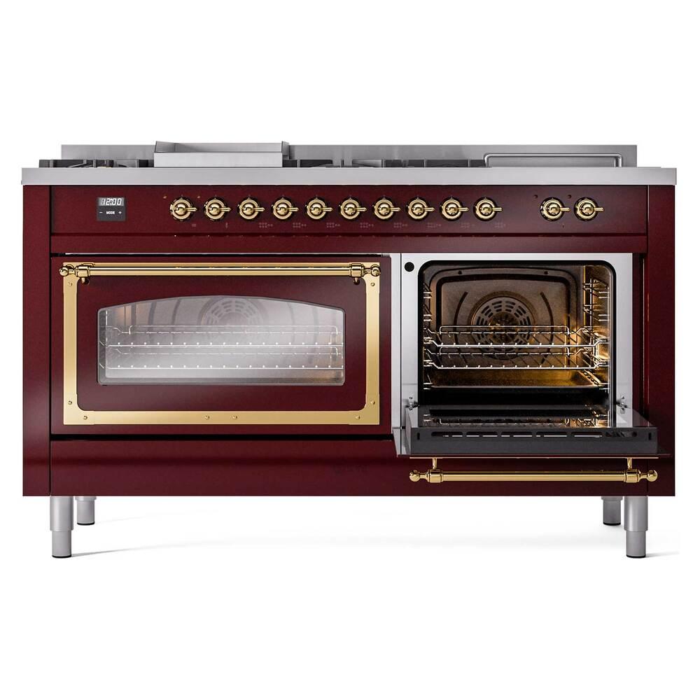 ILVE UN60FSNMPBUG Nostalgie II Noblesse 60 inch Dual Fuel Range (7 Sealed Burners + Griddle + French Top, Natural Gas, Triple Glass Door, Burgundy, Brass)
