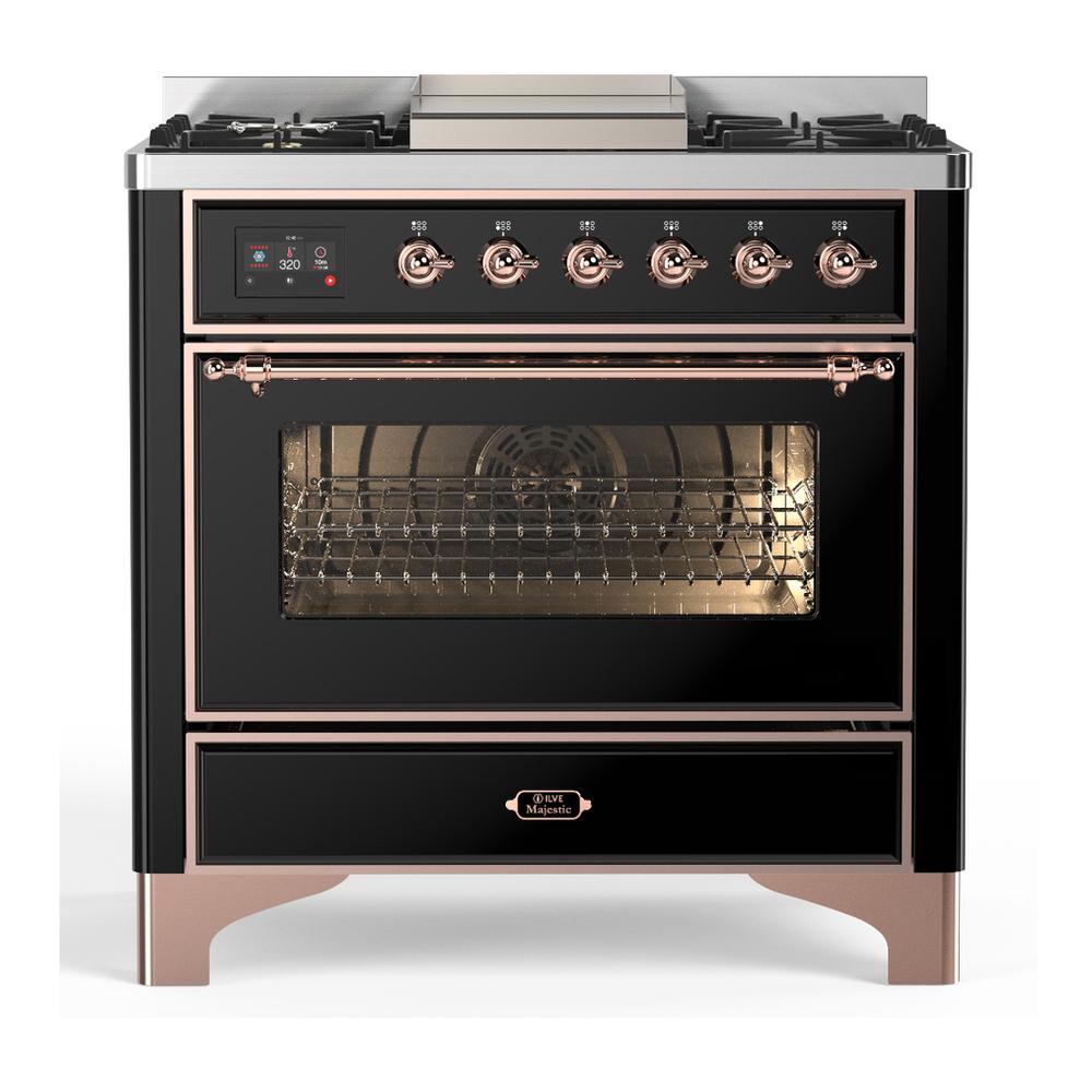 ILVE UM36FNR3BKP Majestic III 36 inch Dual Fuel Range with 6 Black Brass Burners and Griddle, Dual Function Burner up to 25,000 BTU (Triple Glass Door, Glossy Black, Copper, Natural Gas)