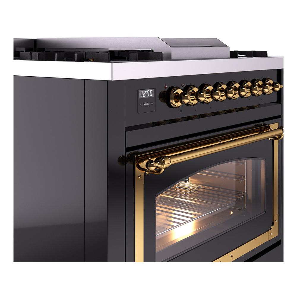 ILVE UN36FNMPBKG Nostalgie II Noblesse 36 inch Dual Fuel Range (Natural Gas, Triple Glass Door, Glossy Black, Brass)