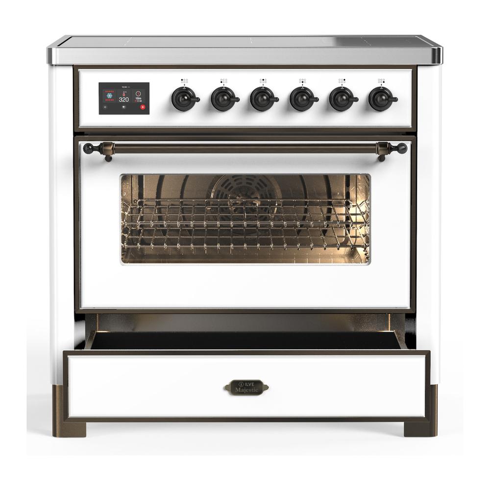 ILVE UMIB36NR3WHB Majestic III 36 inch Induction Range with 6 Elements, 3.5 cu. ft. Total Oven Capacity (Triple Glass Door, White, Burnished)