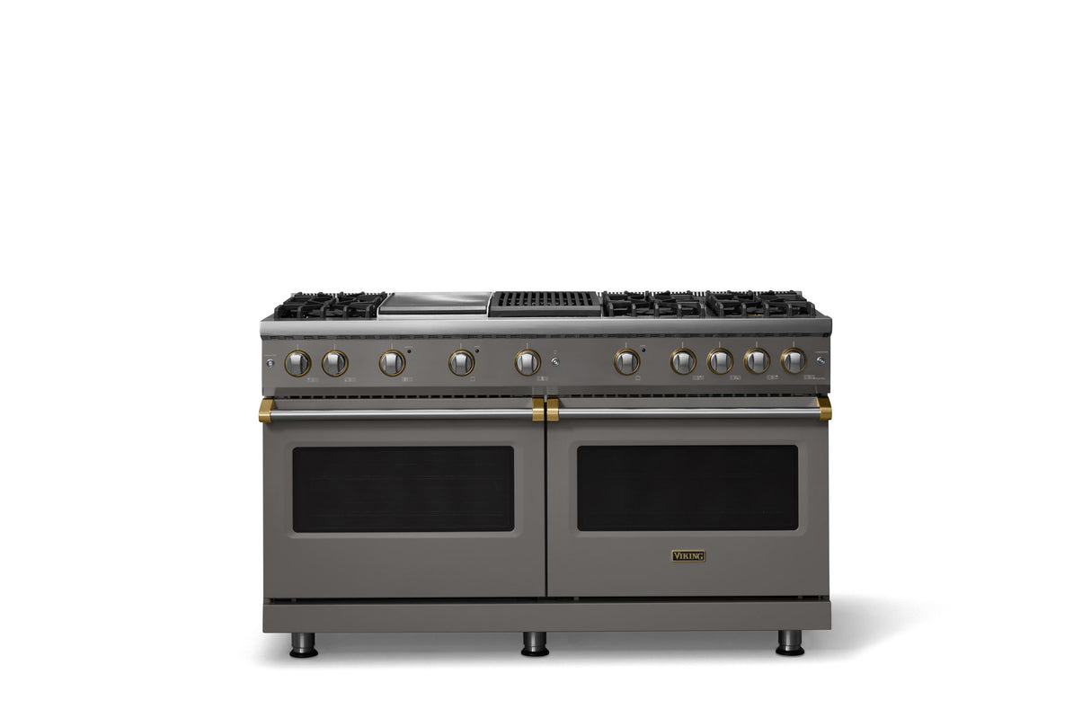 60"W. Sealed Burner Gas Range (Finish: Damascus Gray, Trim: Brushed Brass, Fuel: Propane)