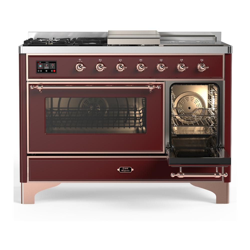 ILVE UM48FSNR3BUPLP Majestic III 48 inch Dual Fuel Range with 5 Black Brass Burners, Griddle and French Top, Dual Function Burner up to 25,000 BTU (Liquid Propane, Triple Glass Door, Burgundy, Copper)