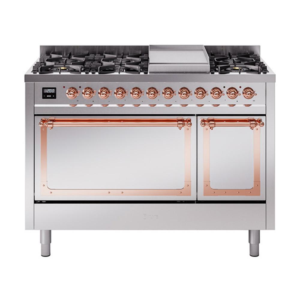 ILVE UN48FQNMPSSPLP Nostalgie II Noblesse 48 inch Dual Fuel Range (8 Sealed Burners + Griddle, Liquid Propane, Solid Door, Stainless Steel, Copper)