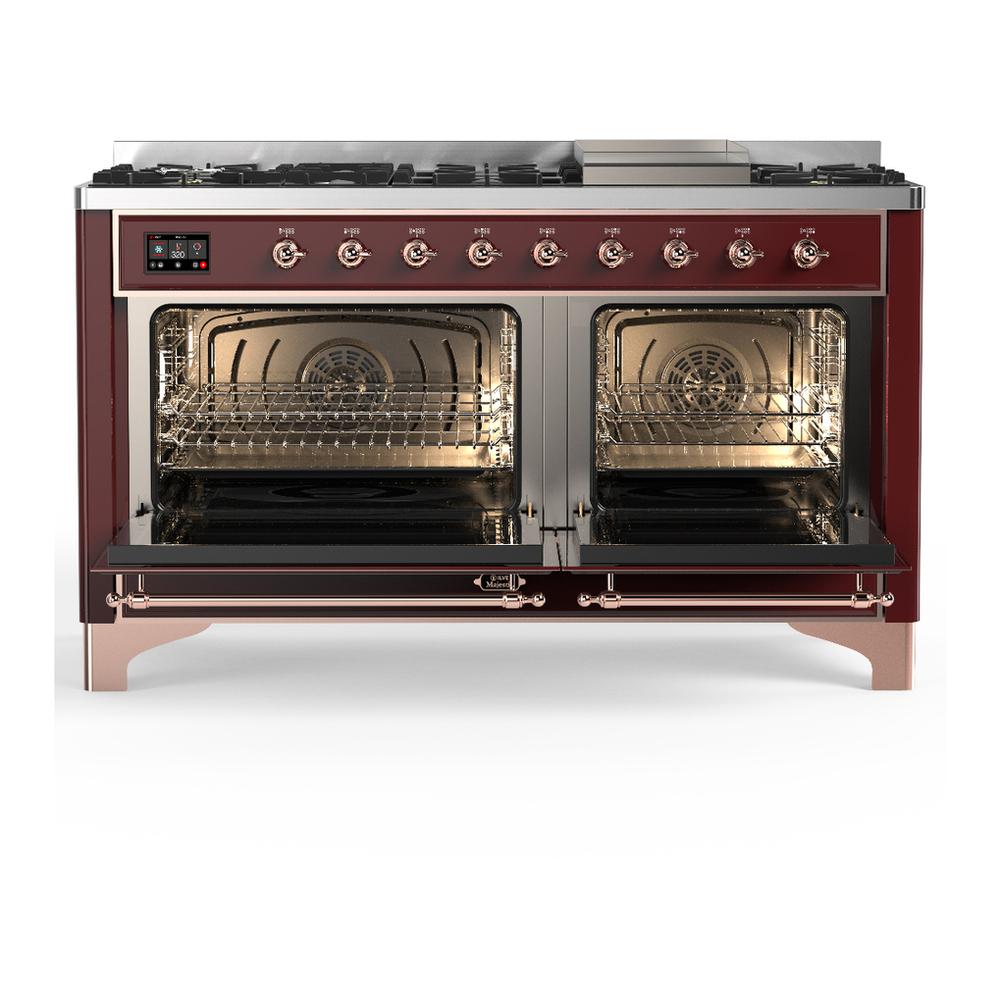 ILVE UM60FNR3BUPLP Majestic III 60 inch Dual Fuel Range with 9 Burners and Griddle, Dual Function Burner up to 25,000 BTU (Liquid Propane, Triple Glass Door, Burgundy, Copper)