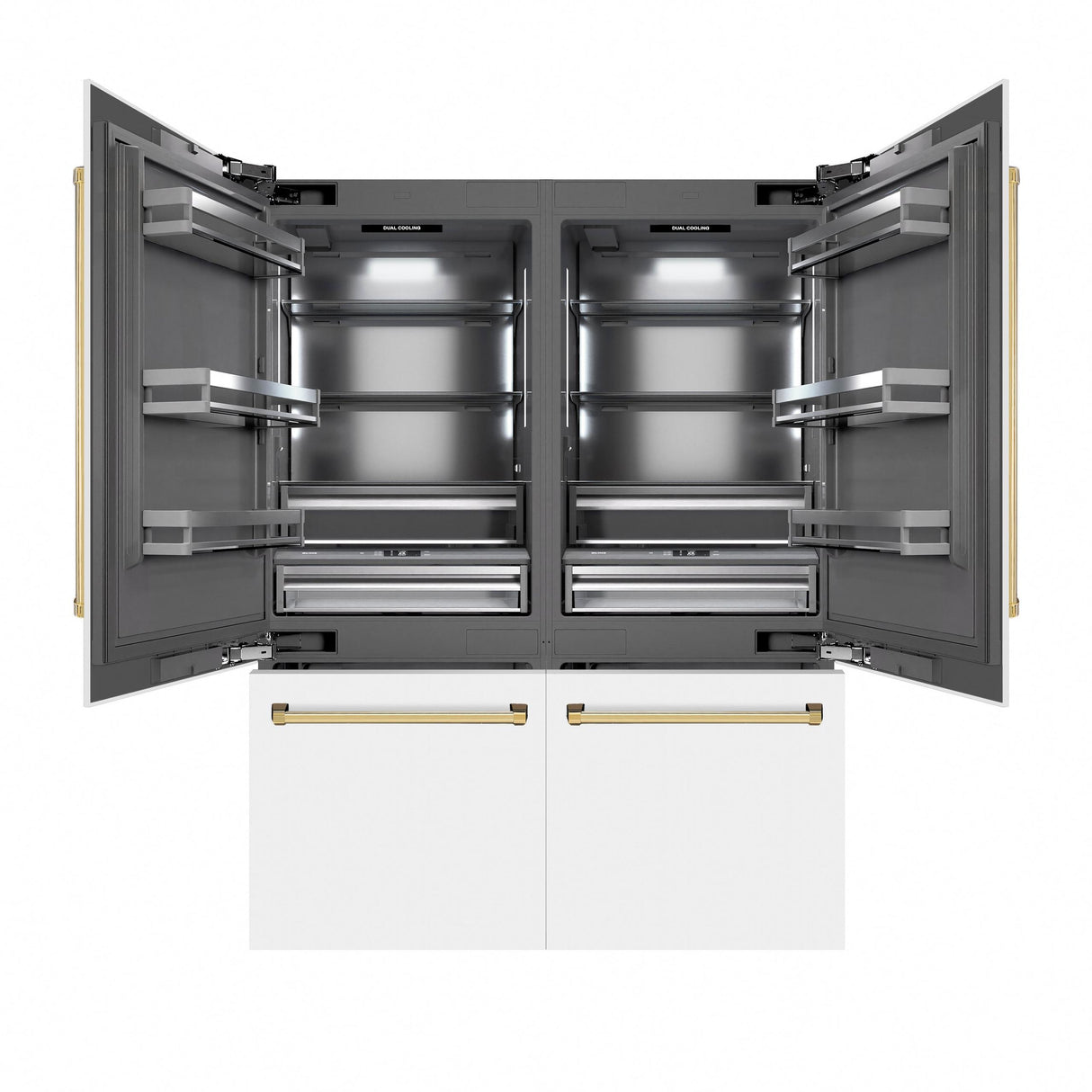 ZLINE Autograph Edition 60 in. 32.2 cu. ft. French Door Built-In Bottom Freezer Refrigerator with Water Dispenser and Ice Maker in White Matte with Graphite Gray Interior and Polished Gold Accents (GRBIVZ-WM-60-G)