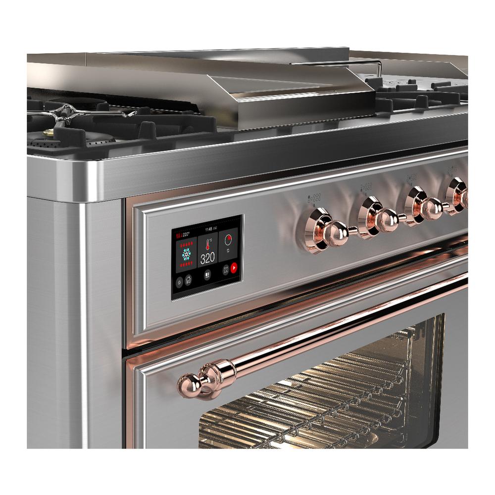ILVE UM60FSNR3SSPLP Majestic III 60 inch Dual Fuel Range with 7 Burners, Griddle and French Top, Dual Function Burner with up to 25,000 BTU (Liquid Propane, Triple Glass Door, Stainless Steel, Copper)