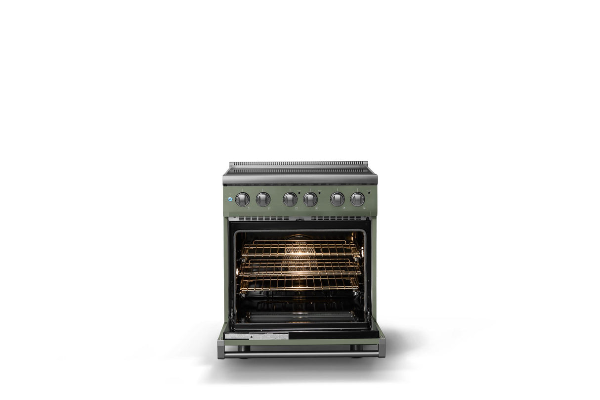 30"W. Electric Range (Finish: Eucalyptus, Trim: Polished Chrome)