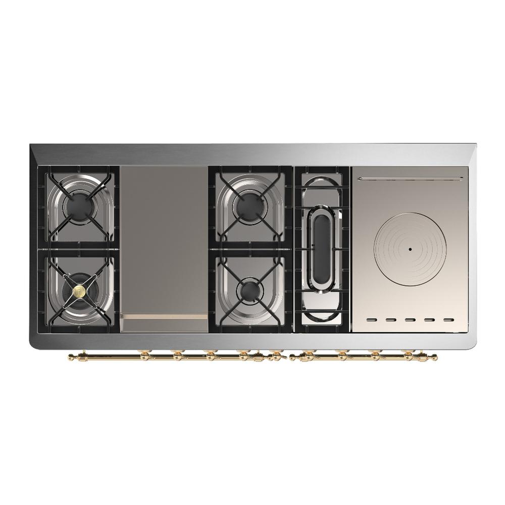 ILVE UM60FSQNR3MBGLP Majestic III 60 inch Dual Fuel Range with 7 Burners, Griddle and French Top, Dual Function Burner with up to 25,000 BTU (Liquid Propane, Solid Door, Midnight Blue, Brass)