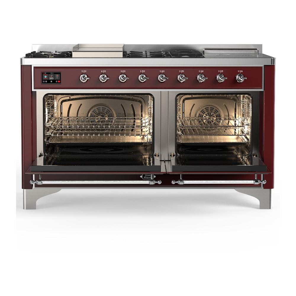 ILVE UM60FSQNR3BUCLP Majestic III 60 inch Dual Fuel Range with 7 Burners, Griddle and French Top, Dual Function Burner with up to 25,000 BTU (Liquid Propane, Solid Door, Burgundy, Chrome)