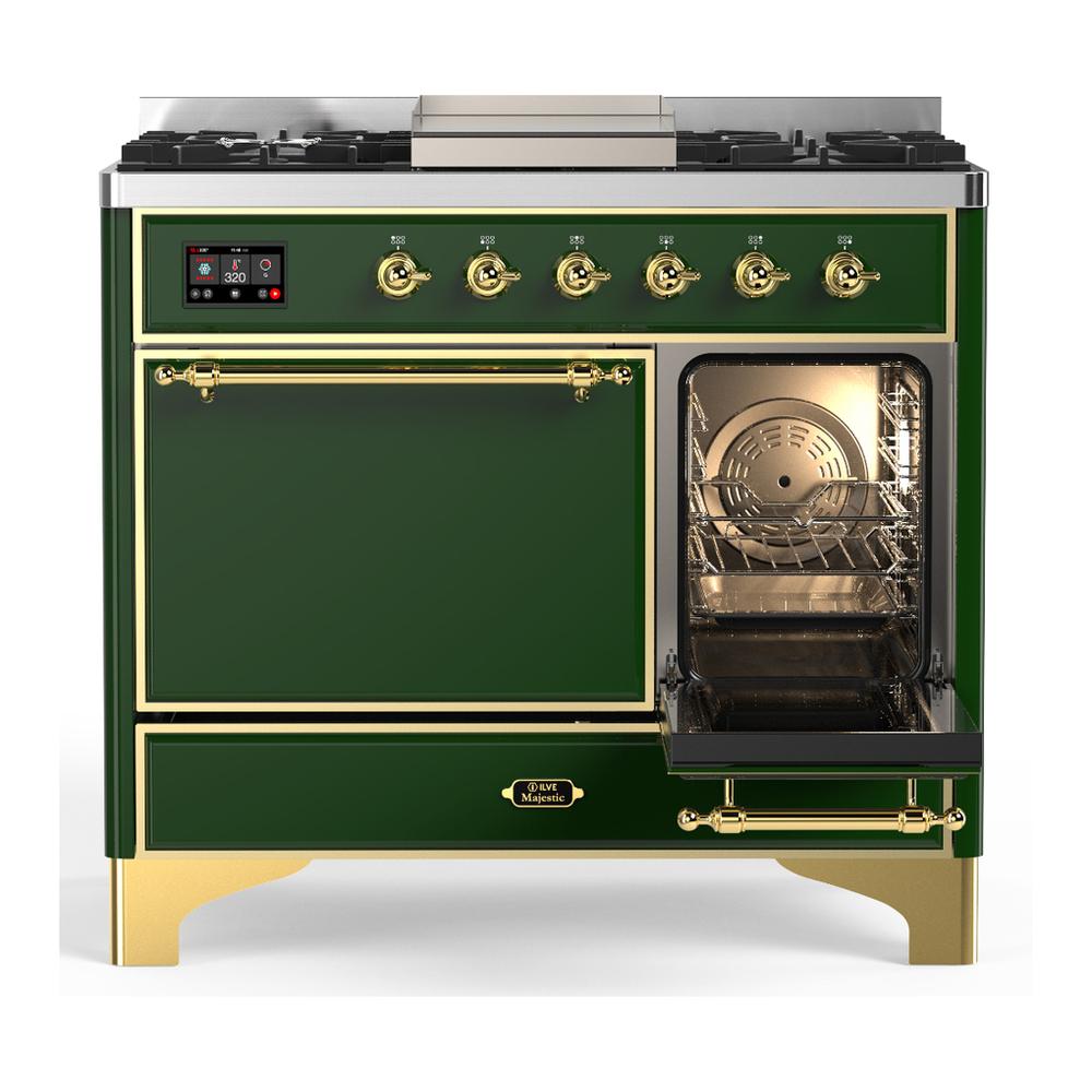 ILVE UMD40FQNR3EGG Majestic III 40 inch Dual Fuel Range with 6 Burners and Griddle, Dual Function Burner up to 25,000 BTU (Natural Gas, Solid Door, Emerald Green, Brass)