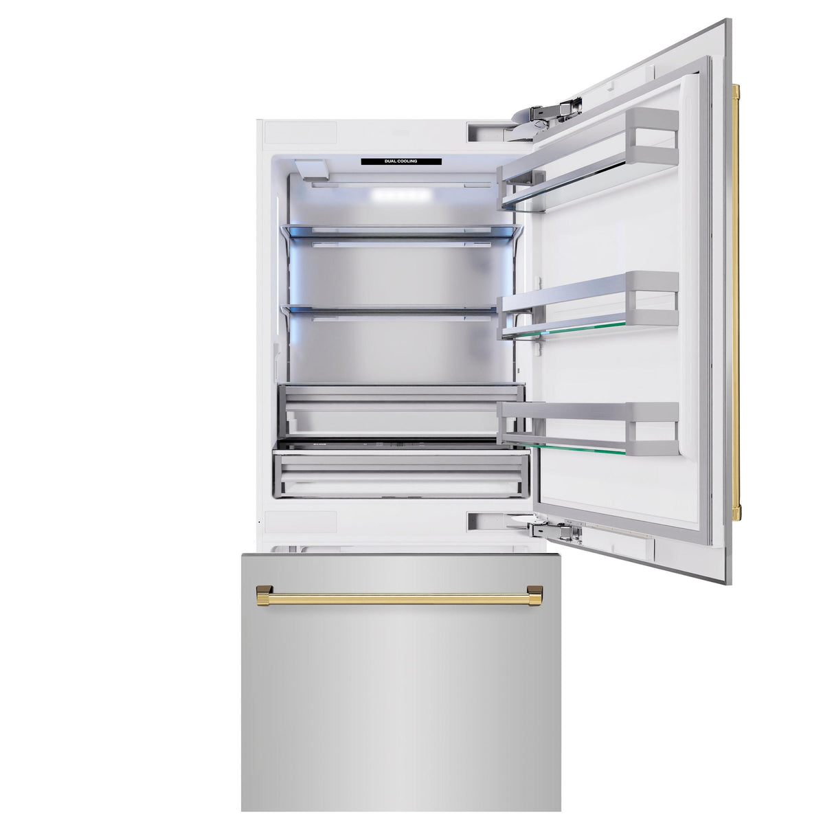 ZLINE Autograph Edition 36 in. 19.8 cu. ft. Built-In Bottom Freezer Refrigerator with Water Dispenser and Ice Maker in Stainless Steel with Polished Gold Accents (RBITZ-304-36G)