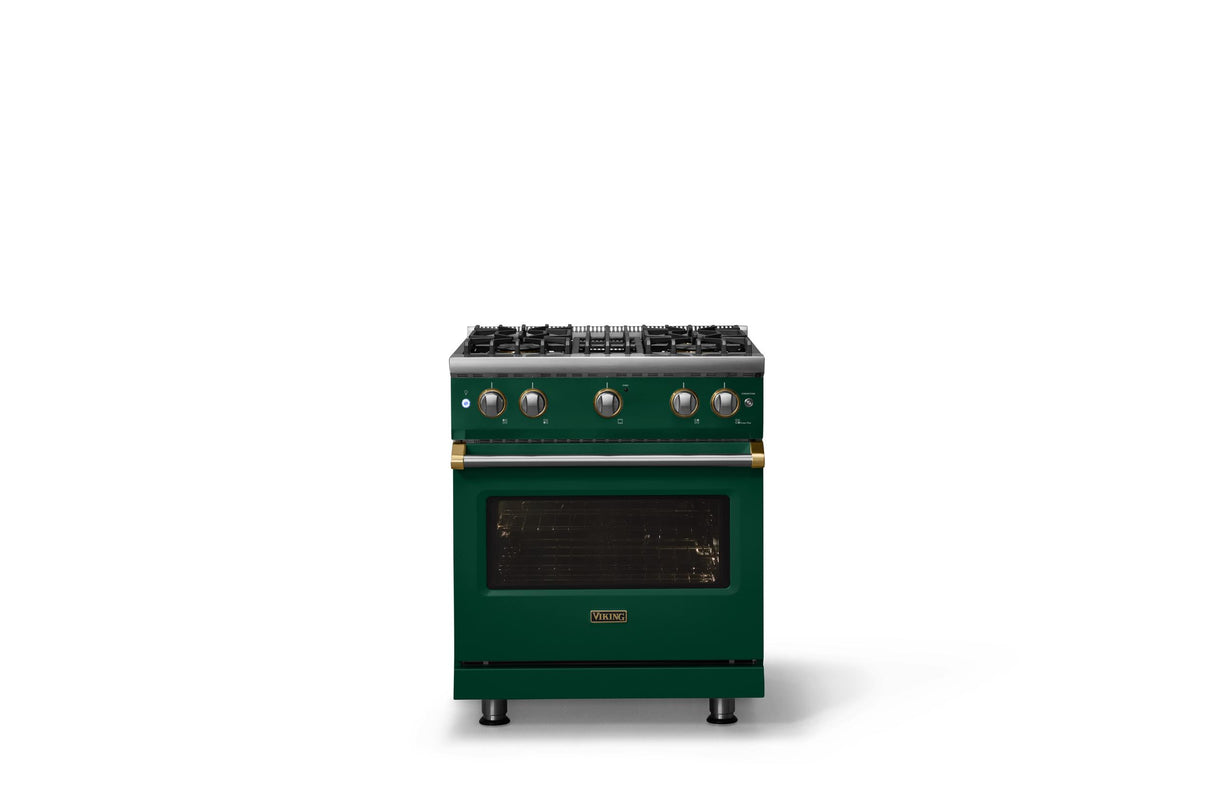 30"W. Sealed Burner Gas Range (Finish: Ivy, Trim: Brushed Brass, Fuel: Natural Gas)
