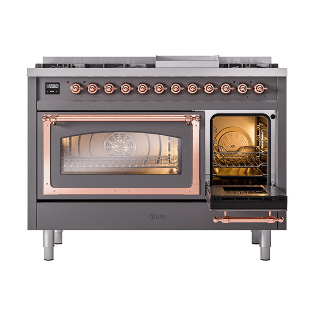 ILVE UN48FNMPMGP Nostalgie II Noblesse 48 inch Dual Fuel Range (8 Sealed Burners + Griddle, Natural Gas, Triple Glass Door, Graphite Matte, Copper)