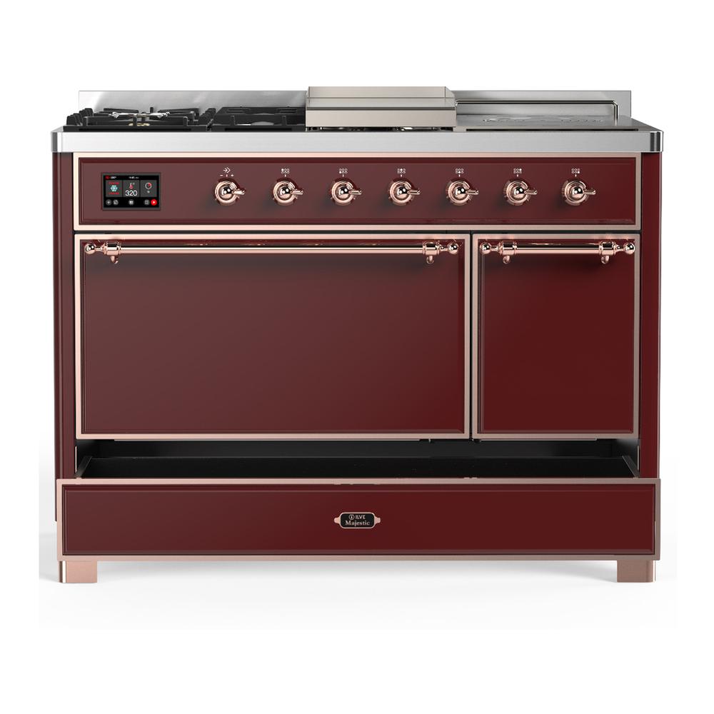 ILVE UM48FSQNR3BUPLP Majestic III 48 inch Dual Fuel Range with 5 Black Brass Burners, Griddle and French Top, Dual Function Burner up to 25,000 BTU (Liquid Propane, Solid Door, Burgundy, Copper)