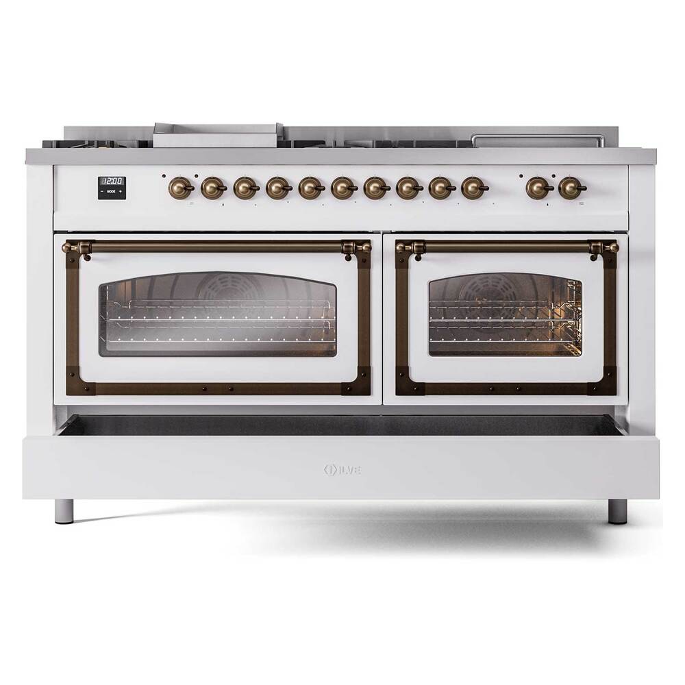 ILVE UN60FSNMPWHBLP Nostalgie II Noblesse 60 inch Dual Fuel Range (7 Sealed Burners + Griddle + French Top, Liquid Propane, Triple Glass Door, White, Burnished)