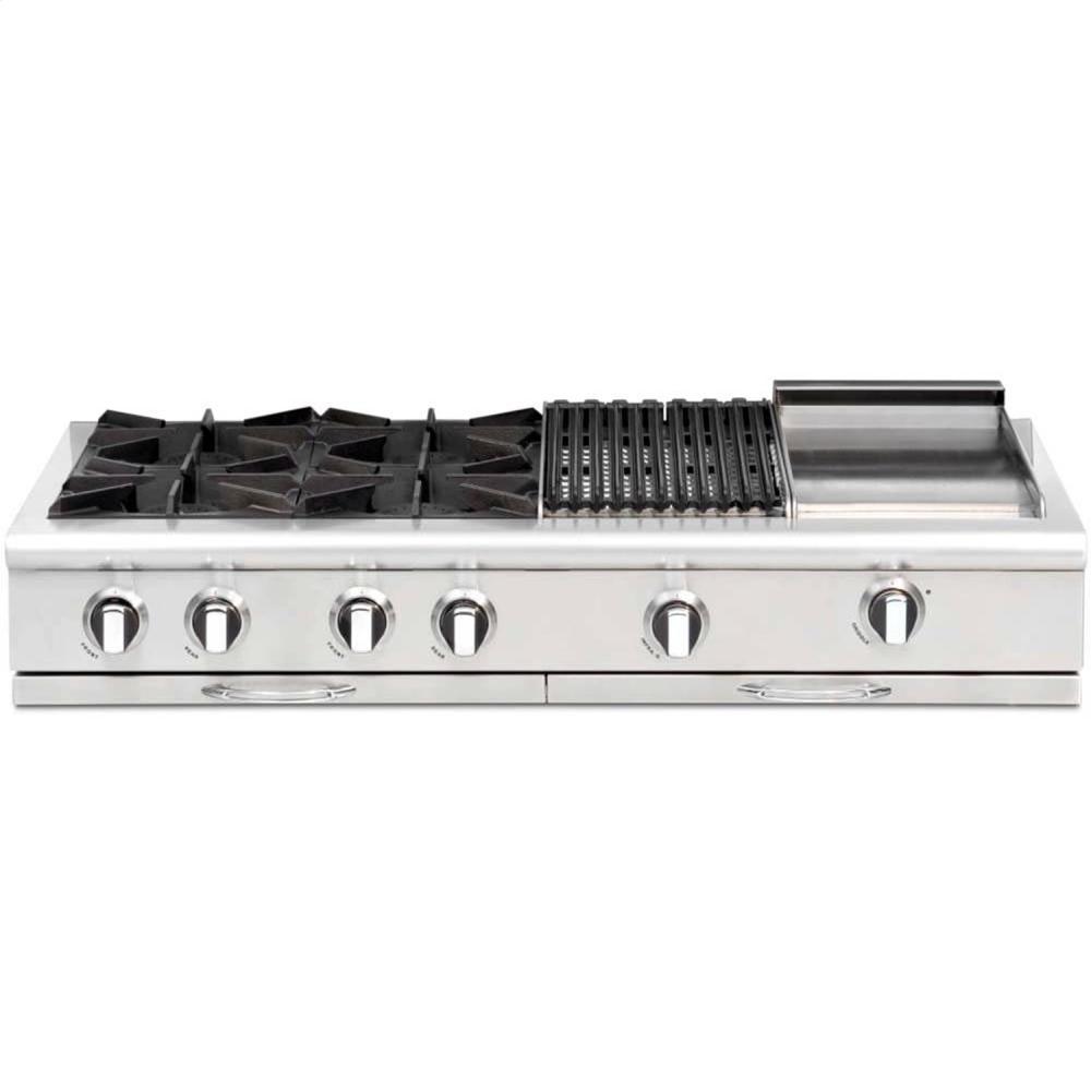 48" Gas Range Top with 6 Open Burners & 12" Thermo-Griddle