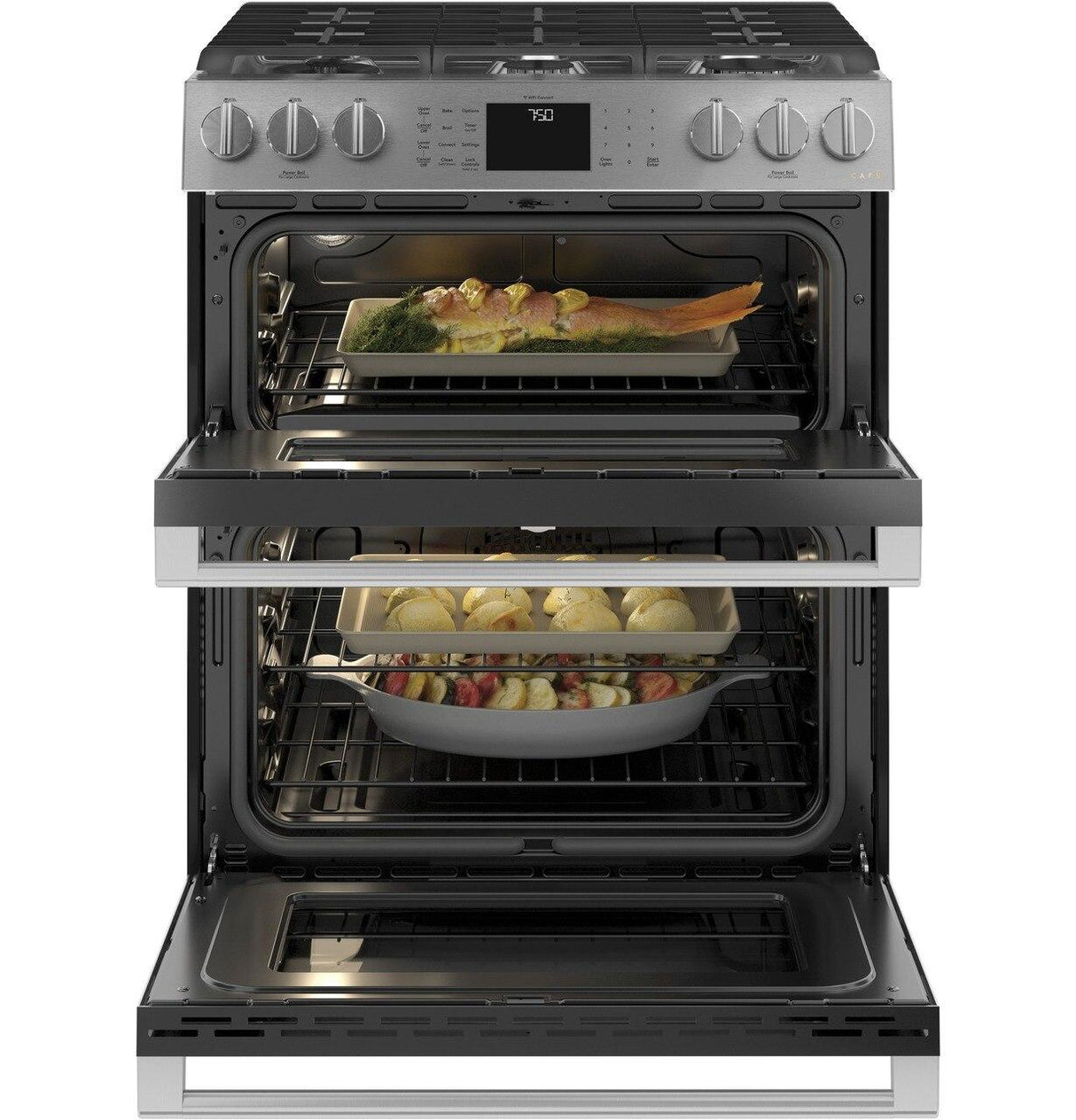 Café™ 30" Smart Slide-In, Front-Control, Gas Double-Oven Range with Convection in Platinum Glass