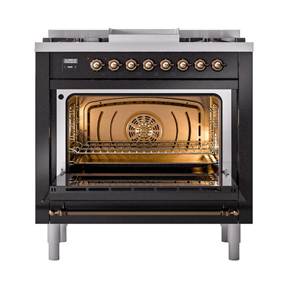 ILVE UN36FNMPBKB Nostalgie II Noblesse 36 inch Dual Fuel Range (Natural Gas, Triple Glass Door, Glossy Black, Burnished)
