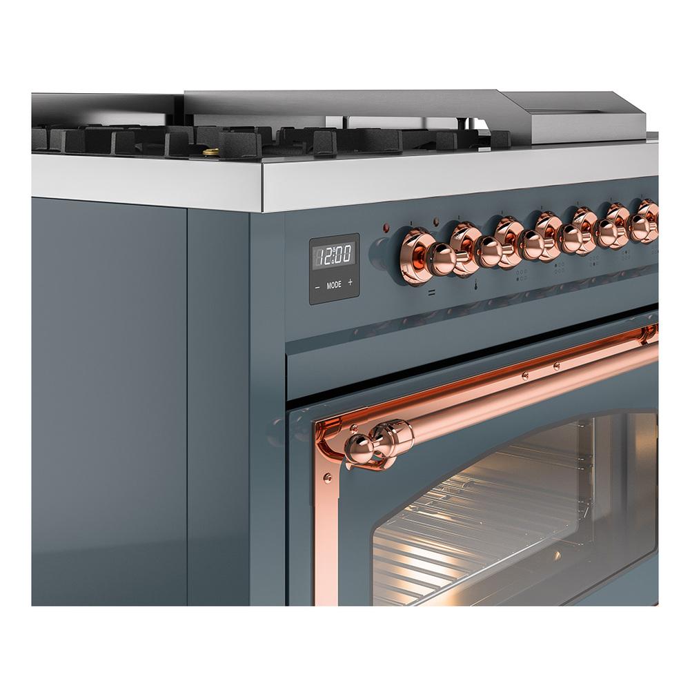 ILVE UN48FSNMPBGPLP Nostalgie II Noblesse 48 inch Dual Fuel Range (5 Sealed Burners + Griddle + French Top, Liquid Propane, Triple Glass Door, Blue Grey, Copper)