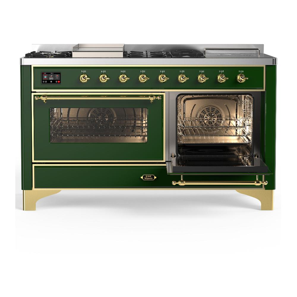 ILVE UM60FSNR3EGGLP Majestic III 60 inch Dual Fuel Range with 7 Burners, Griddle and French Top, Dual Function Burner with up to 25,000 BTU (Liquid Propane, Triple Glass Door, Emerald Green, Brass)
