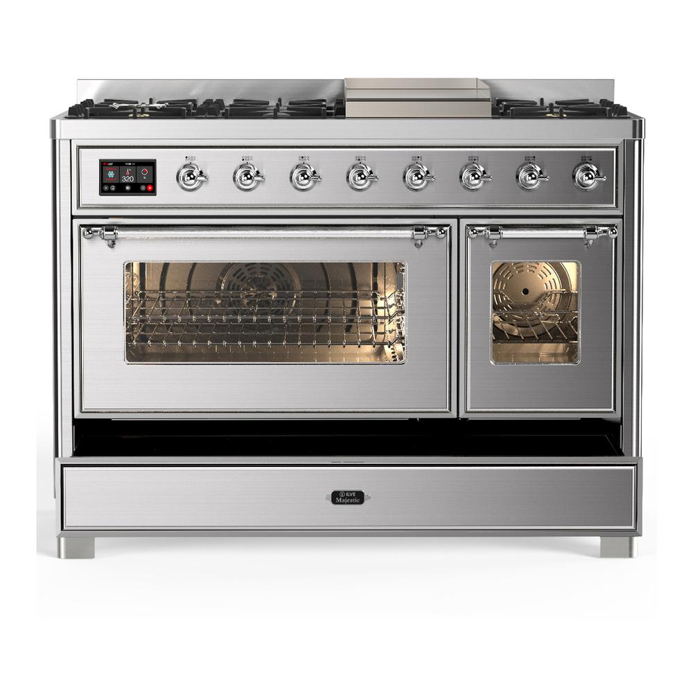 ILVE UM48FNR3SSC Majestic III 48 inch Dual Fuel Range with 8 Burners and Griddle, Dual Function Burner up to 25,000 BTU (Natural Gas, Triple Glass Door, Stainless Steel, Chrome)