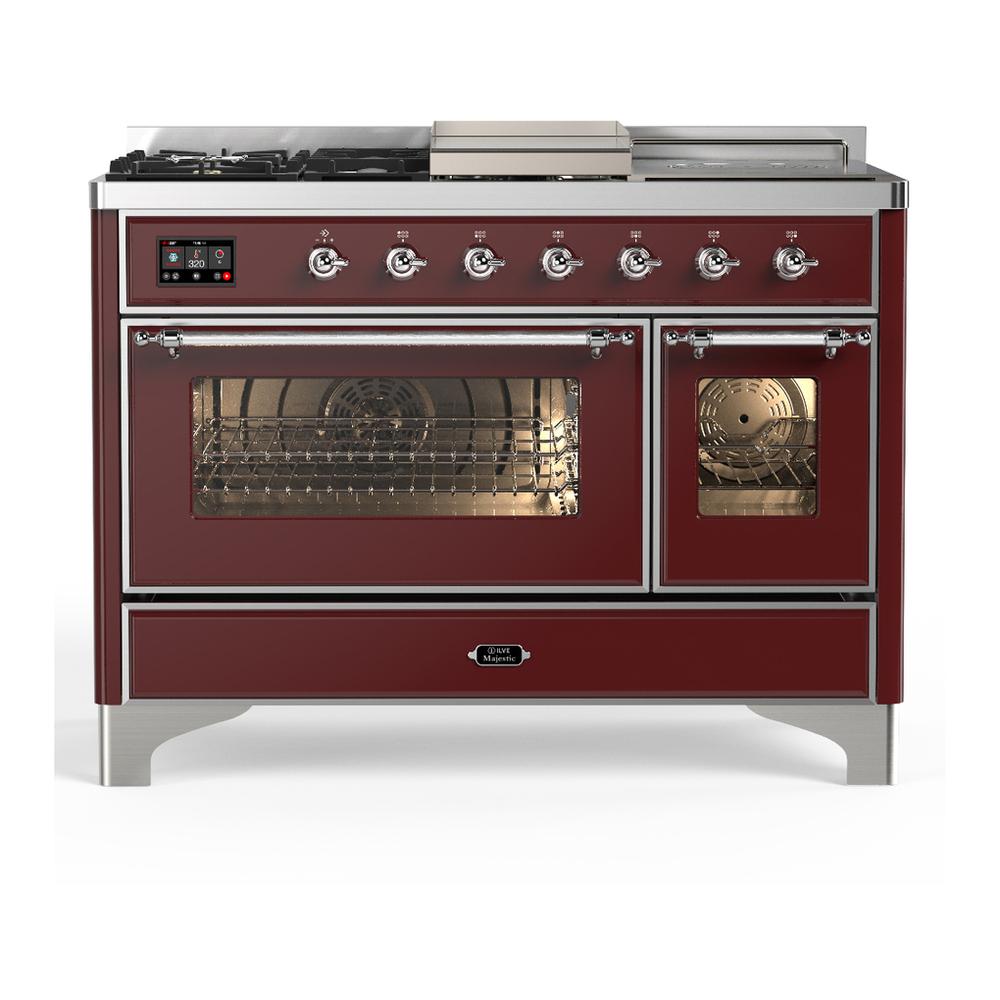 ILVE UM48FSNR3BUCLP Majestic III 48 inch Dual Fuel Range with 5 Black Brass Burners, Griddle and French Top, Dual Function Burner up to 25,000 BTU (Liquid Propane, Triple Glass Door, Burgundy, Chrome)
