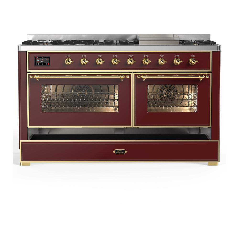 ILVE UM60FNR3BUGLP Majestic III 60 inch Dual Fuel Range with 9 Burners and Griddle, Dual Function Burner up to 25,000 BTU (Liquid Propane, Triple Glass Door, Burgundy, Brass)
