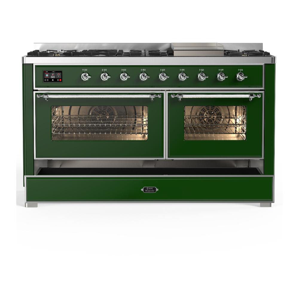 ILVE UM60FNR3EGCLP Majestic III 60 inch Dual Fuel Range with 9 Burners and Griddle, Dual Function Burner up to 25,000 BTU (Liquid Propane, Triple Glass Door, Emerald Green, Chrome)