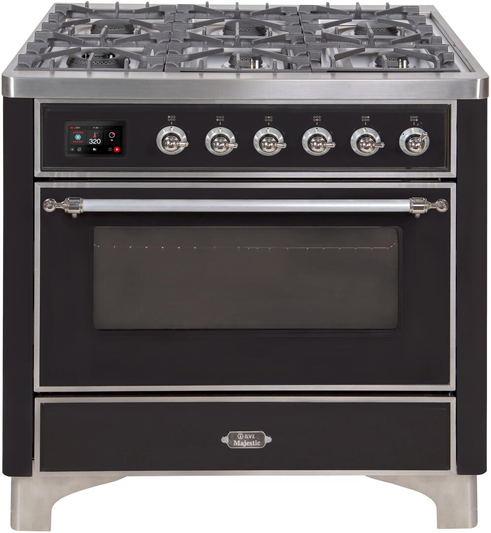 Majestic II 36 Inch Dual Fuel Natural Gas Freestanding Range in Glossy Black with Chrome Trim