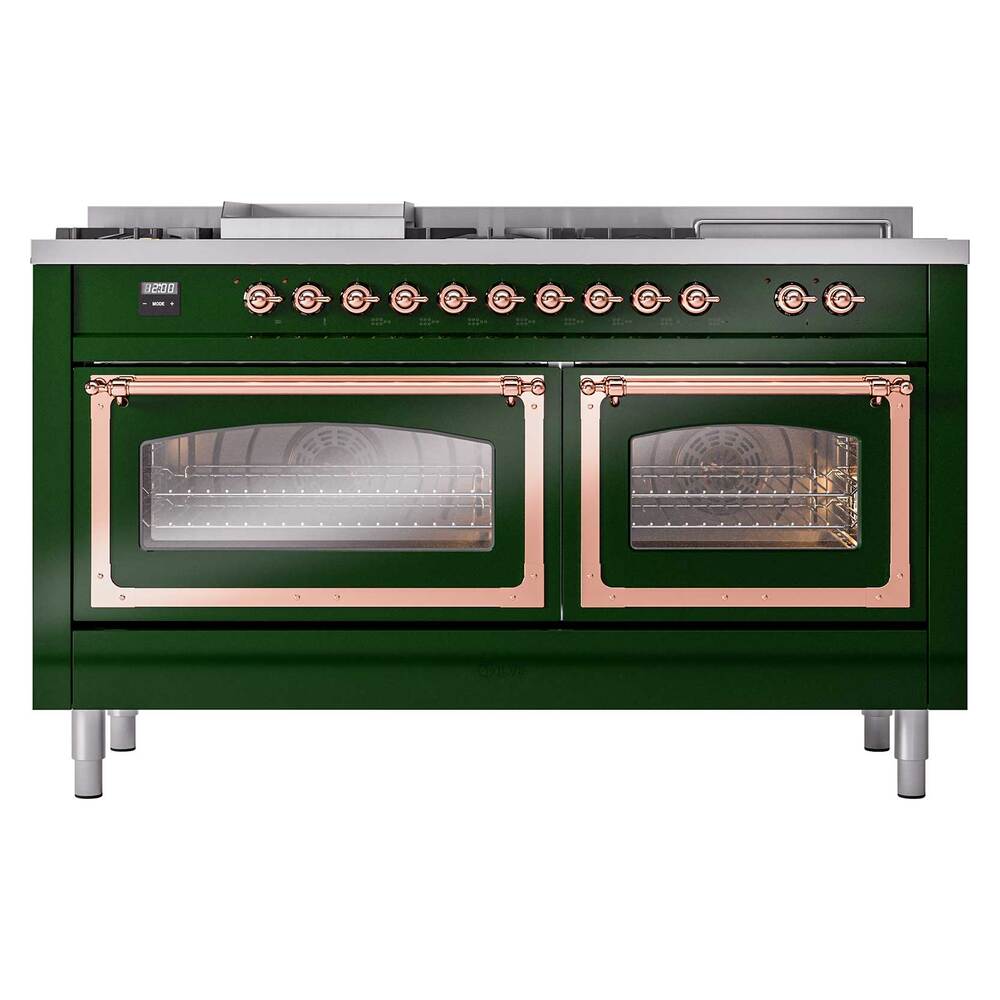 ILVE UN60FSNMPEGP Nostalgie II Noblesse 60 inch Dual Fuel Range (7 Sealed Burners + Griddle + French Top, Natural Gas, Triple Glass Door, Emerald Green, Copper)
