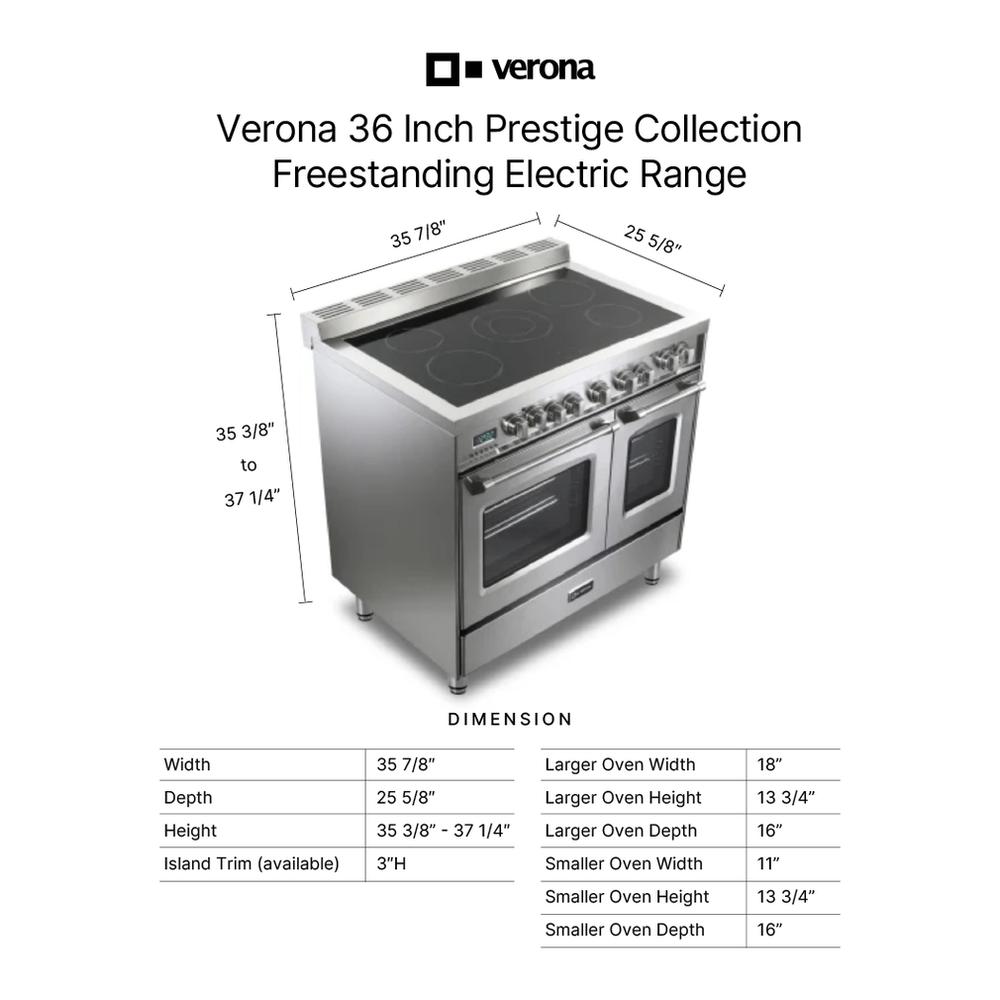Verona VPFSEE365DSS 36 inch Prestige Series Freestanding Double Oven Electric Range with 5 Elements, 3.5 cu. ft. Total Oven Capacity, European Convection (Stainless Steel)