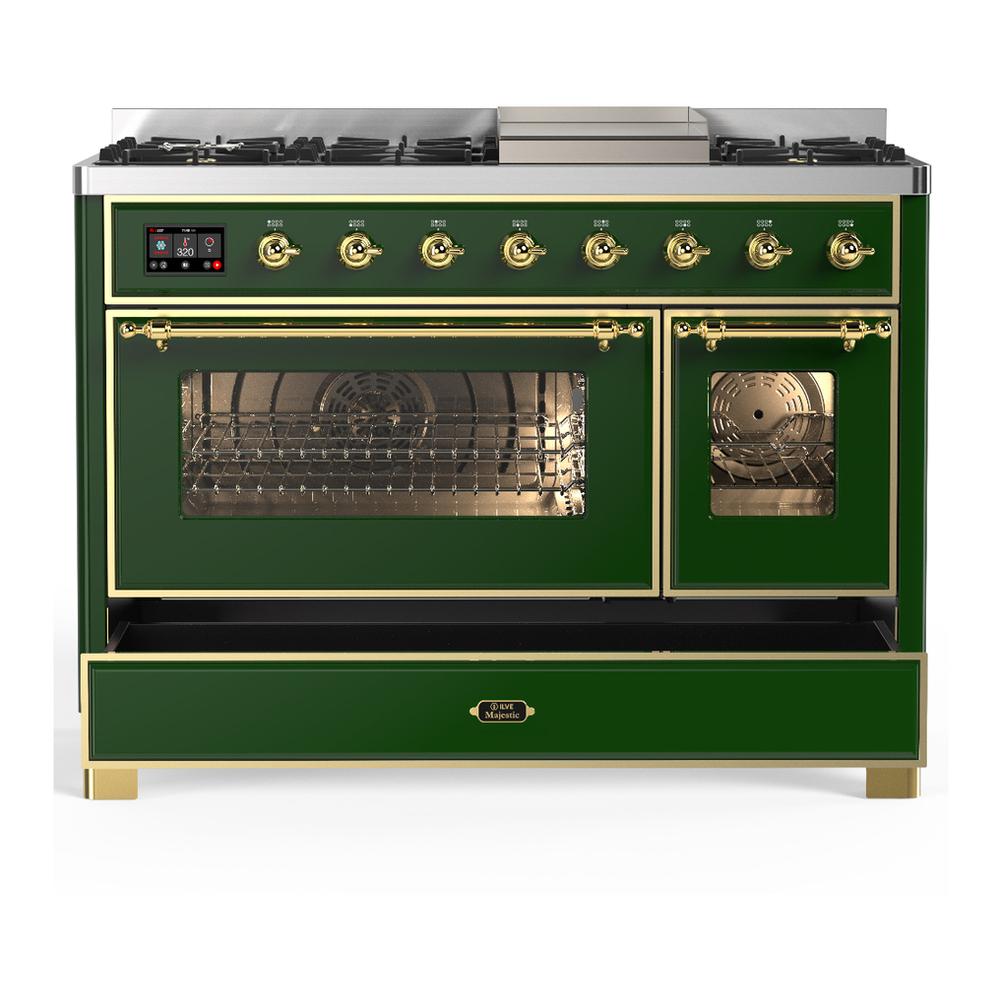 ILVE UM48FNR3EGG Majestic III 48 inch Dual Fuel Range with 8 Burners and Griddle, Dual Function Burner up to 25,000 BTU (Natural Gas, Triple Glass Door, Emerald Green, Brass)