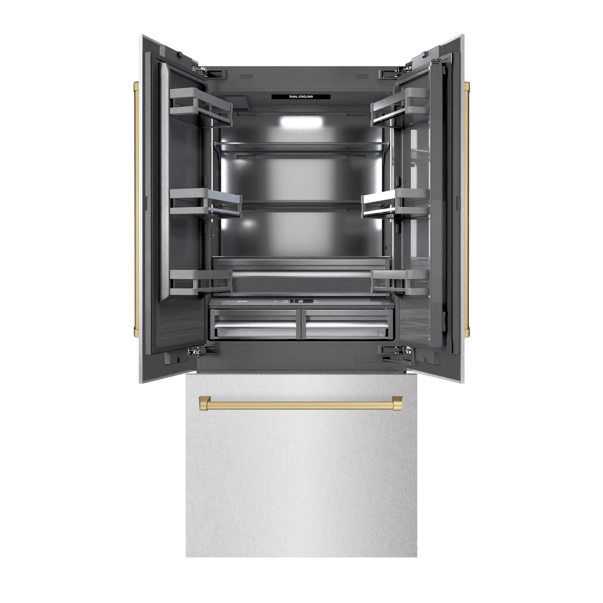 ZLINE Autograph Edition 36 in. 19.6 cu. ft. French Door Built-In Bottom Freezer Refrigerator with Water Dispenser and Ice Maker in DuraSnow' Stainless Steel with Graphite Gray Interior and Champagne Bronze Accents (GRBIVZ-SN-36-CB)