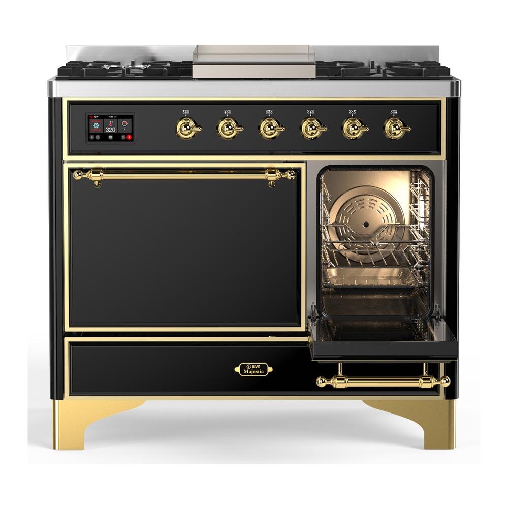 ILVE UMD40FQNR3BKGLP Majestic III 40 inch Dual Fuel Range with 6 Burners and Griddle, Dual Function Burner up to 25,000 BTU (Liquid Propane, Solid Door, Glossy Black, Brass)