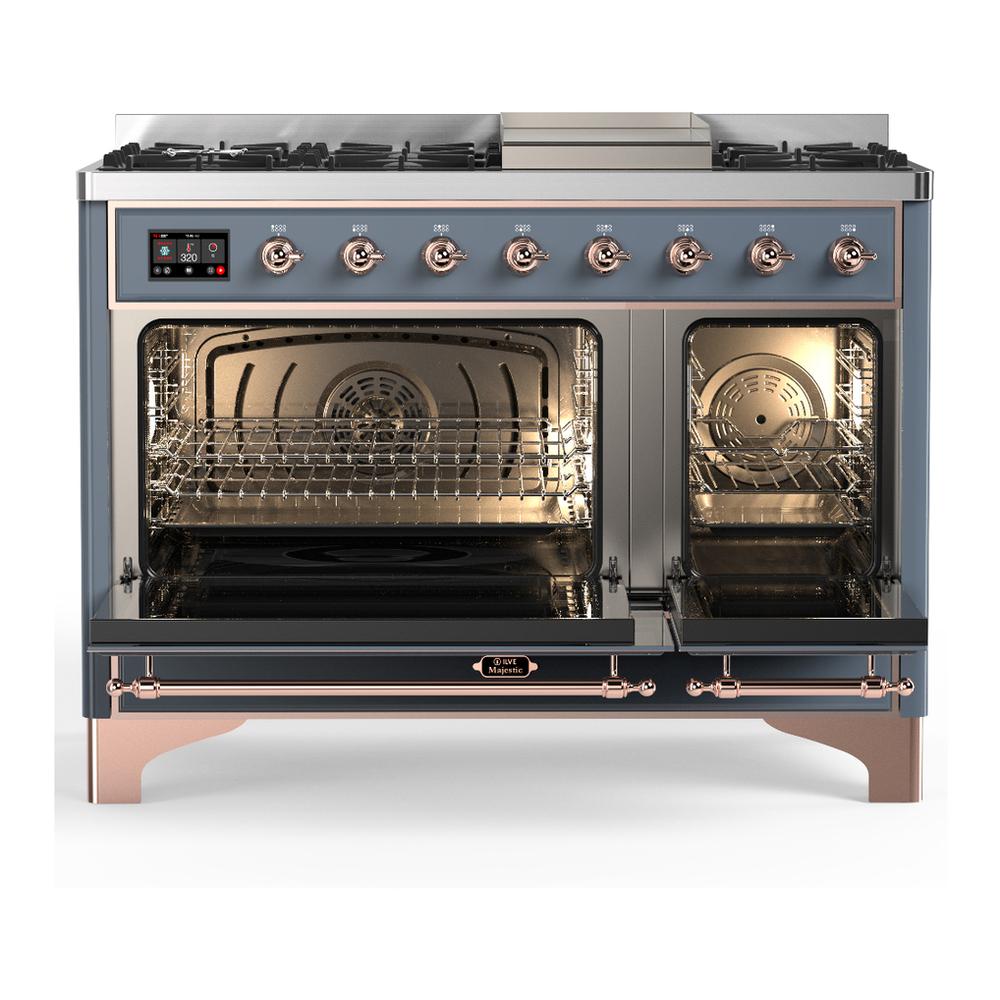 ILVE UM48FNR3BGP Majestic III 48 inch Dual Fuel Range with 8 Burners and Griddle, Dual Function Burner up to 25,000 BTU (Natural Gas, Triple Glass Door, Blue Grey, Copper)