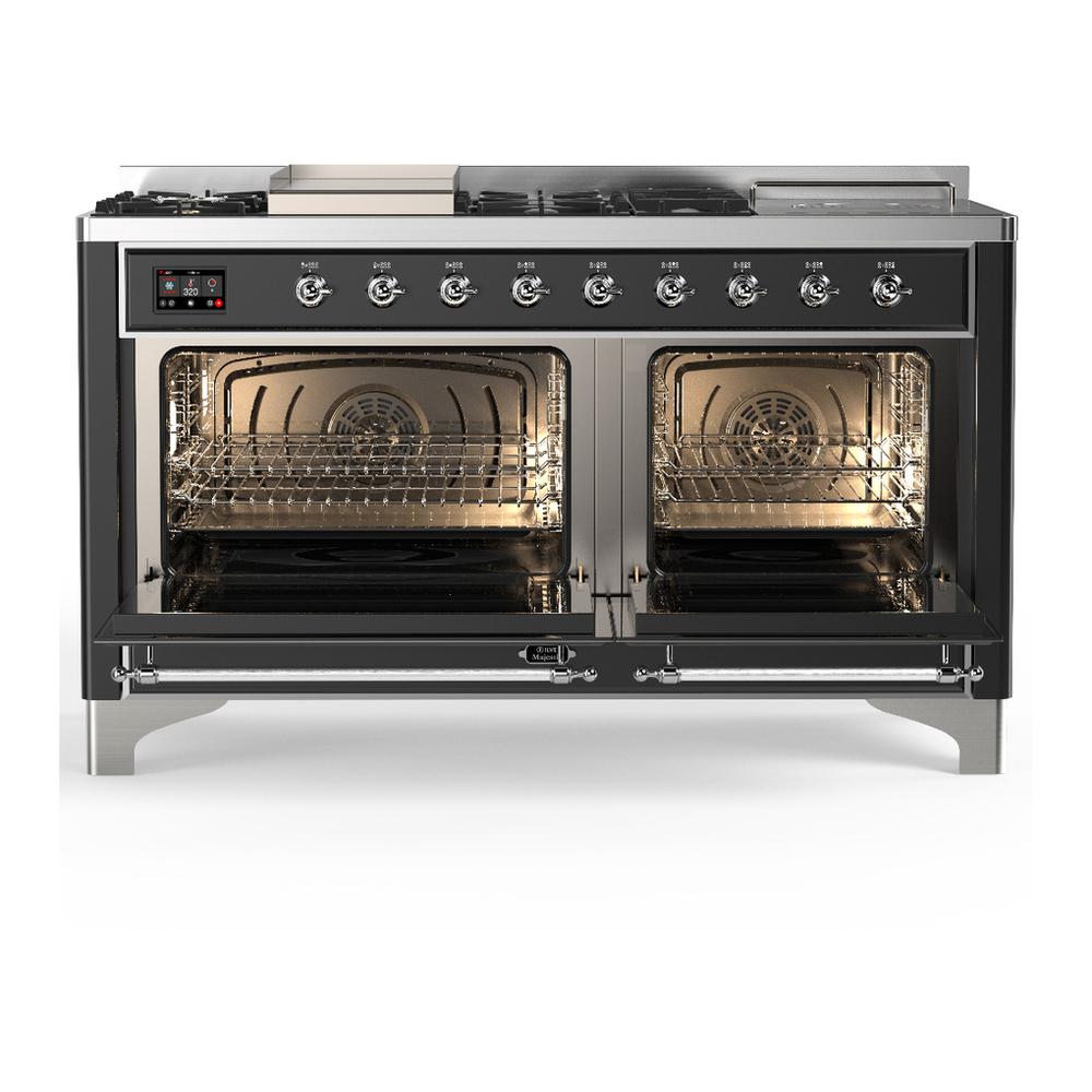 ILVE UM60FSNR3MGCLP Majestic III 60 inch Dual Fuel Range with 7 Burners, Griddle and French Top, Dual Function Burner with up to 25,000 BTU (Liquid Propane, Triple Glass Door, Graphite Matte, Chrome)