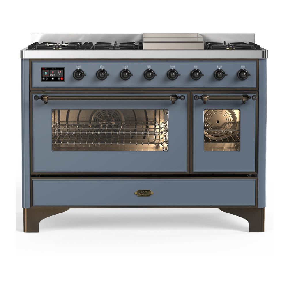 ILVE UM48FNR3BGB Majestic III 48 inch Dual Fuel Range with 8 Burners and Griddle, Dual Function Burner up to 25,000 BTU (Natural Gas, Triple Glass Door, Blue Grey, Burnished)