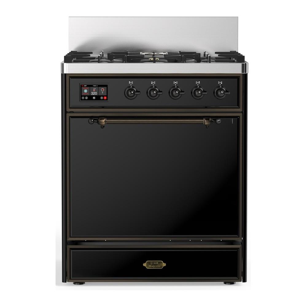 ILVE UM30QNR3BKBLP Majestic III 30 inch Dual Fuel Range with 5 Black Brass Burners, Dual Function Burner up to 25,000 BTU (Liquid Propane, Solid Door, Glossy Black, Burnished)