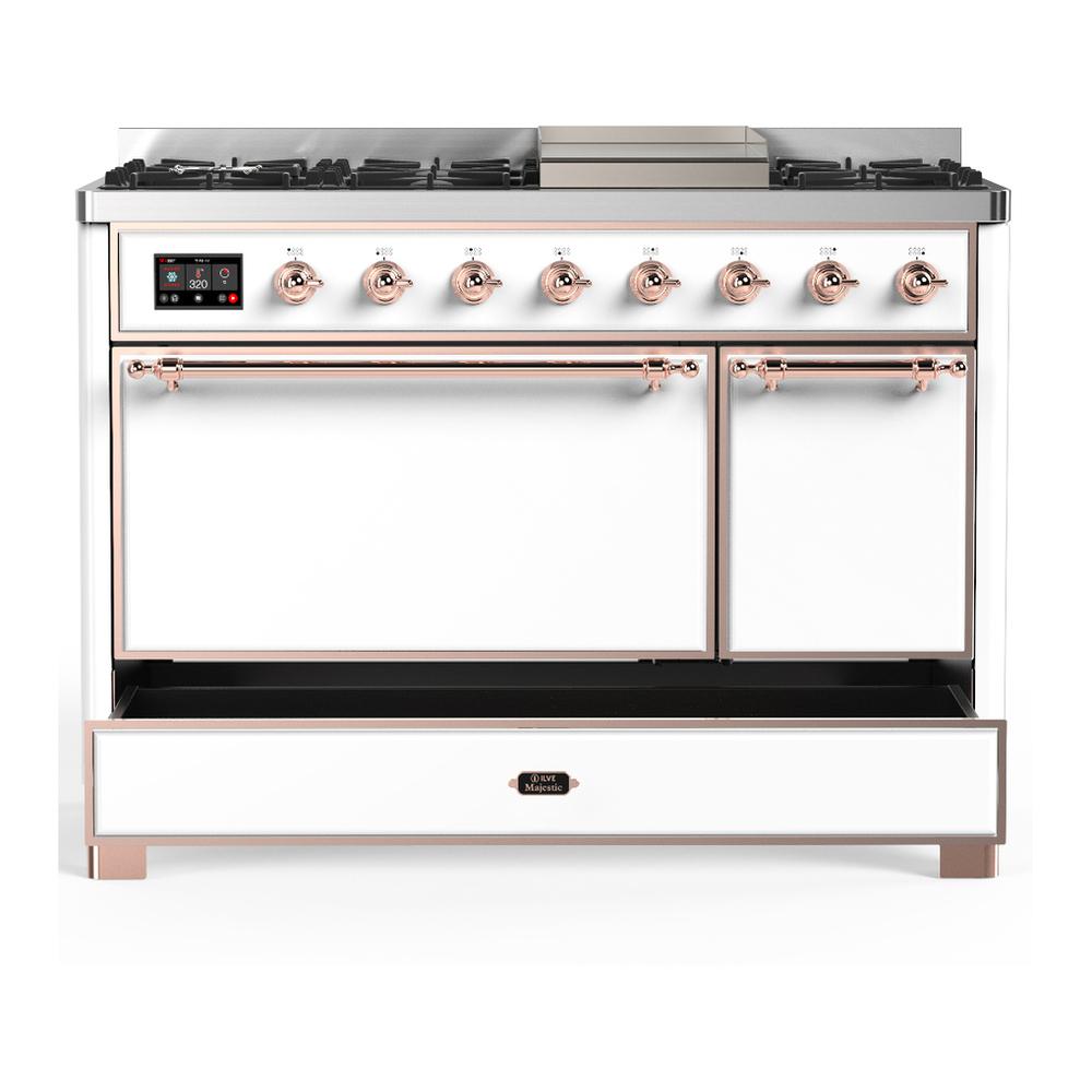 ILVE UM48FQNR3WHP Majestic III 48 inch Dual Fuel Range with 8 Burners and Griddle, Dual Function Burner up to 25,000 BTU (Natural Gas, Solid Door, White, Copper)