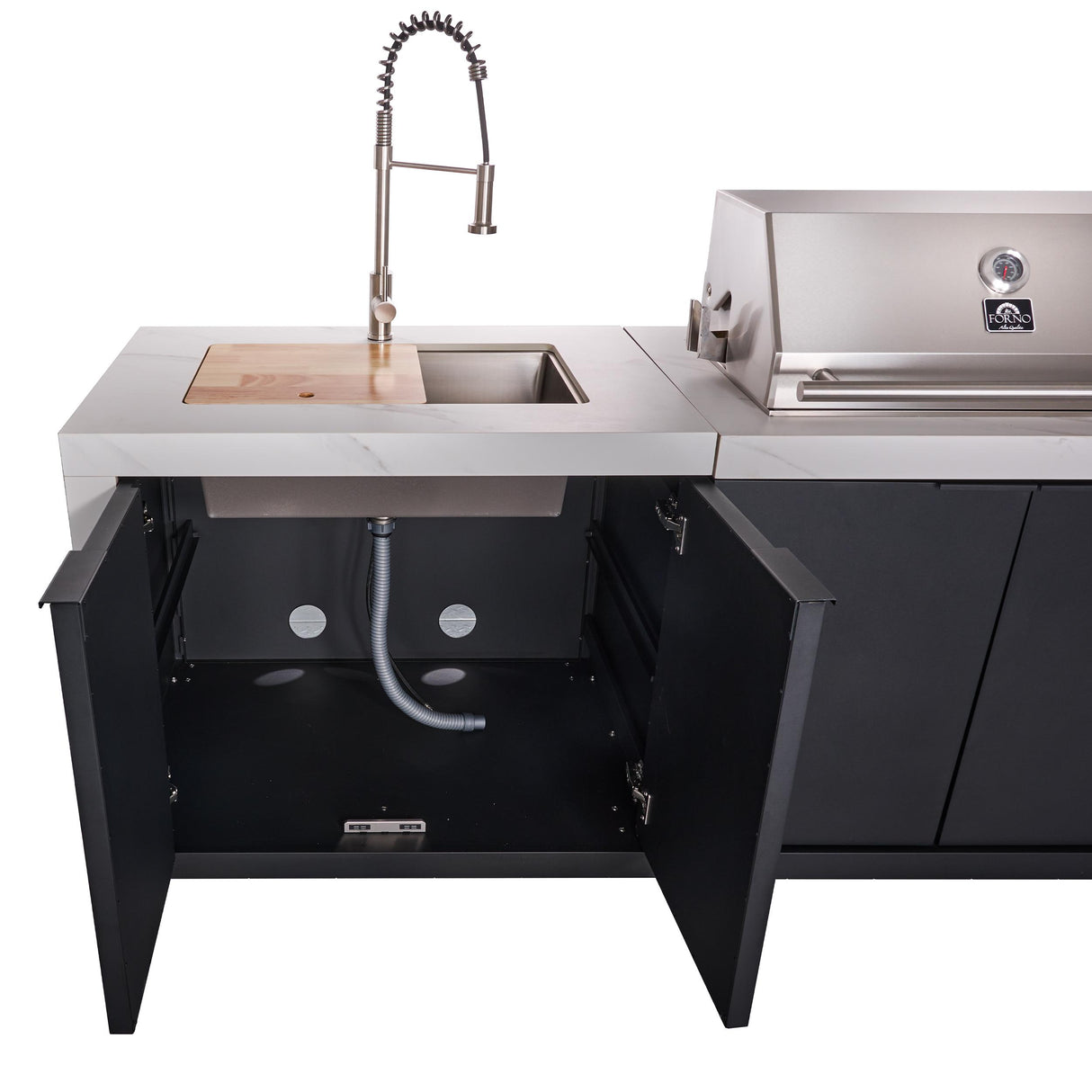 Forno Rimini Outdoor Kitchen: 30" BBQ 62,600 BTU, 4.8 cu.ft. Refrigerators, White Countertops
