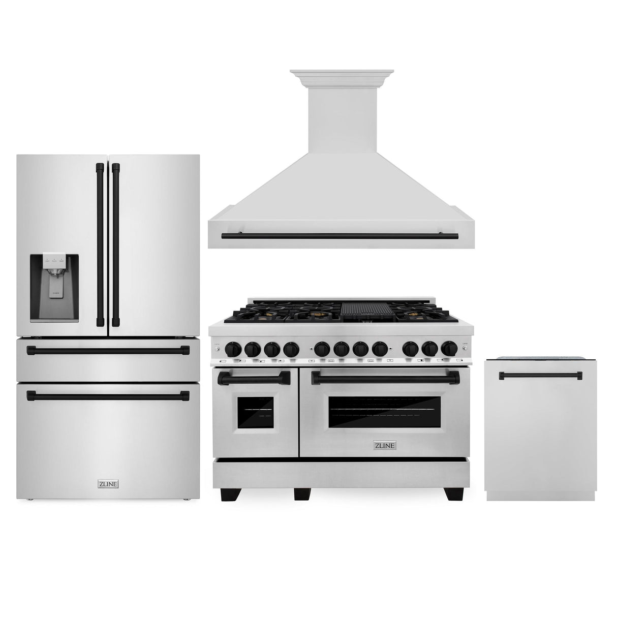 ZLINE 48" Autograph Edition Kitchen Package with Stainless Steel Dual Fuel Range, Range Hood, Dishwasher and Refrigeration with Matte Black Accents (4AKPR-RARHDWM48-MB)