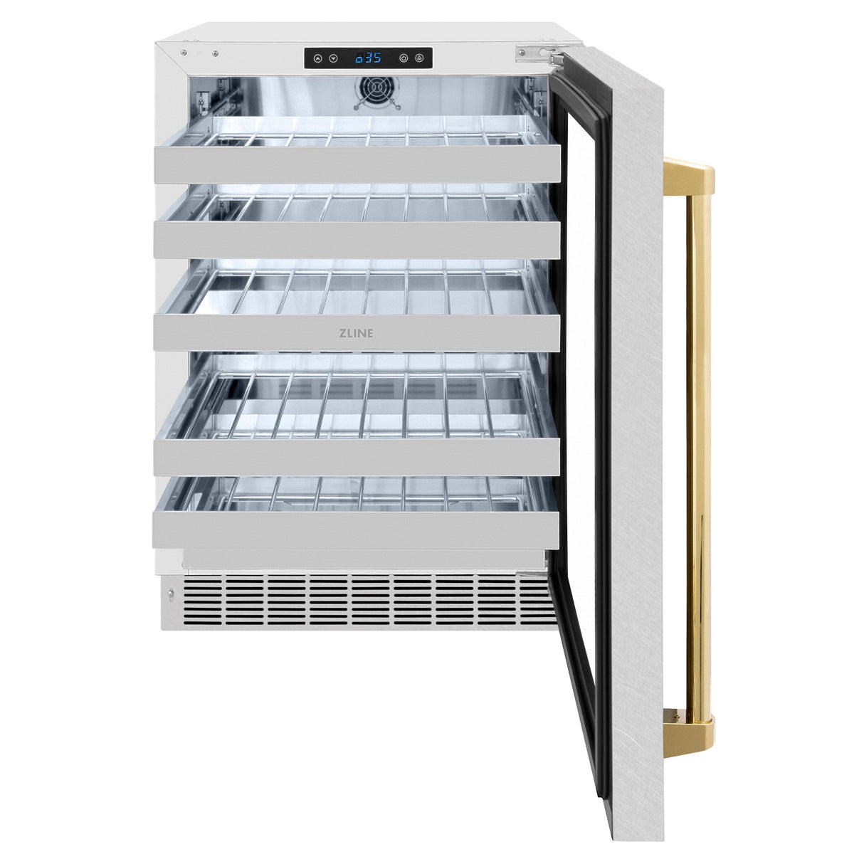 ZLINE Autograph Edition 24 in. Touchstone Dual Zone 44 Bottle Wine Cooler With DuraSnow' Stainless Steel Glass Door And Polished Gold Handle (RWDOZ-SN-24-G)