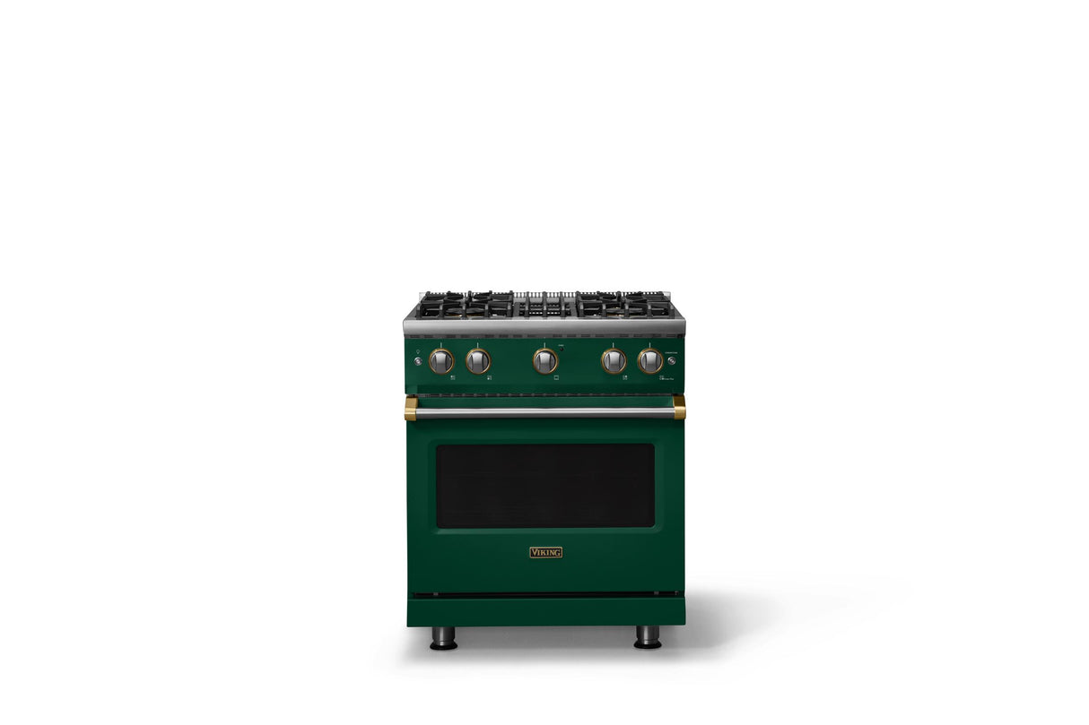30"W. Sealed Burner Gas Range (Finish: Ivy, Trim: Brushed Brass, Fuel: Natural Gas)
